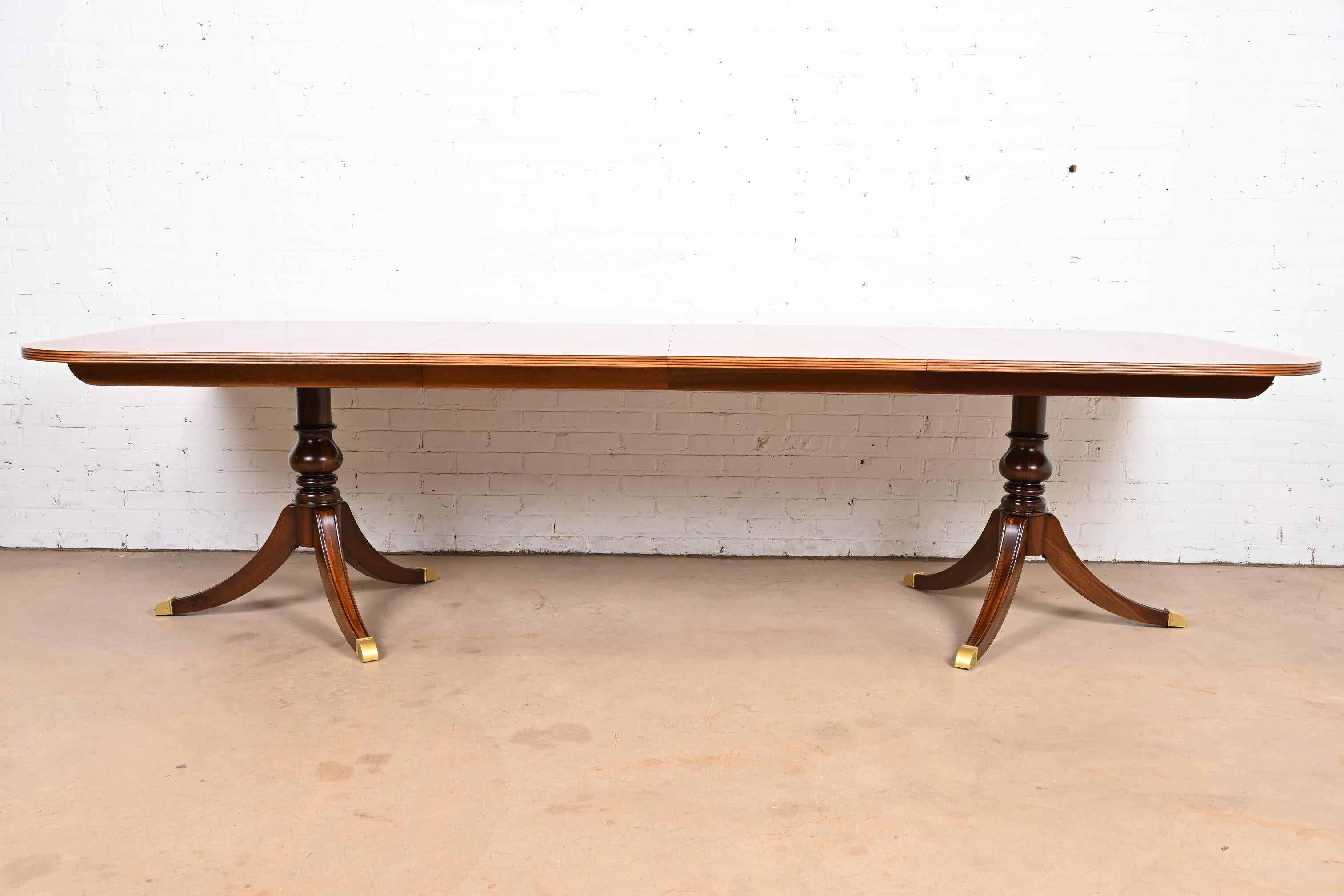 20th Century Georgian Banded Flame Mahogany Double Pedestal Dining Table, Newly Refinished