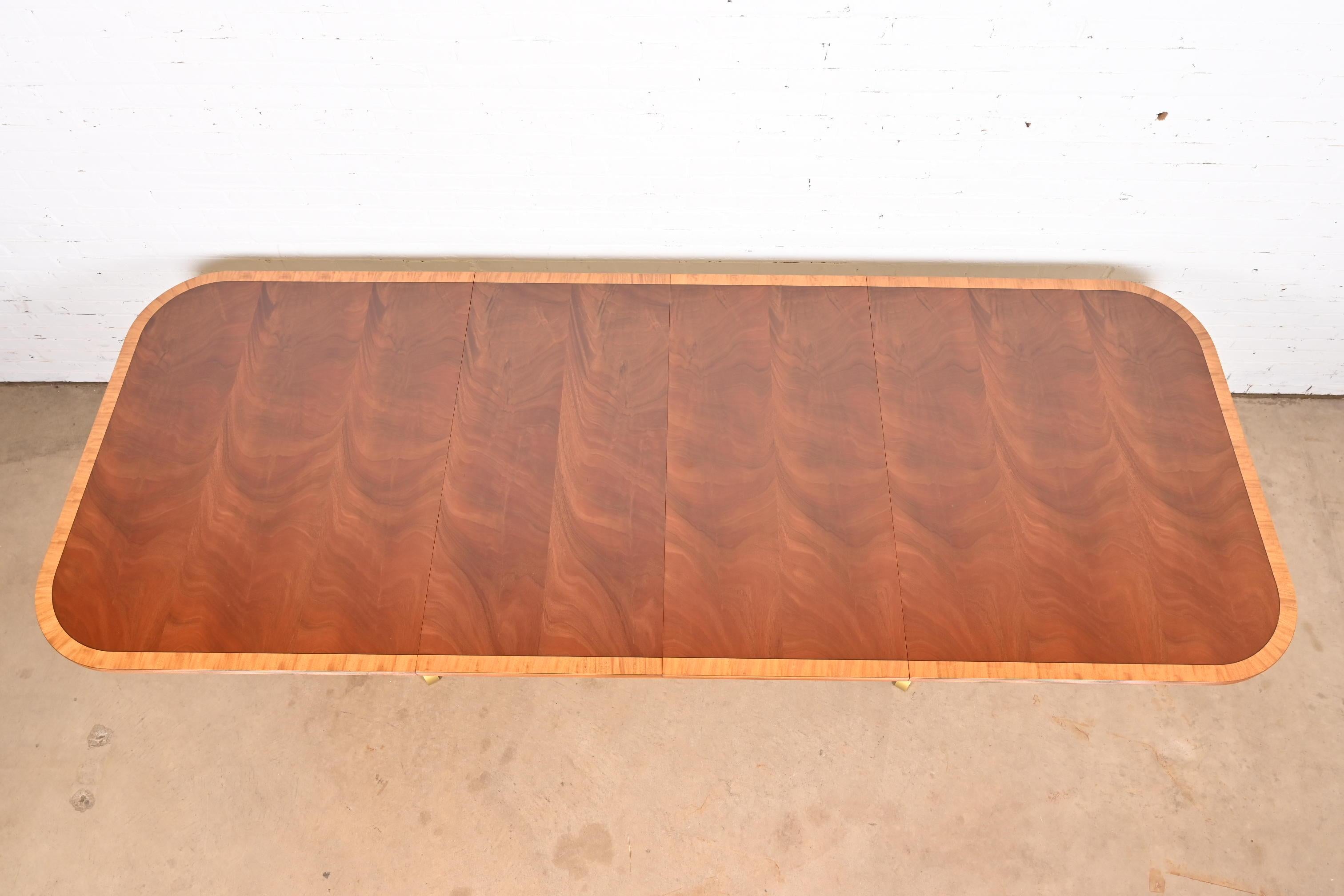 Brass Georgian Banded Flame Mahogany Double Pedestal Dining Table, Newly Refinished