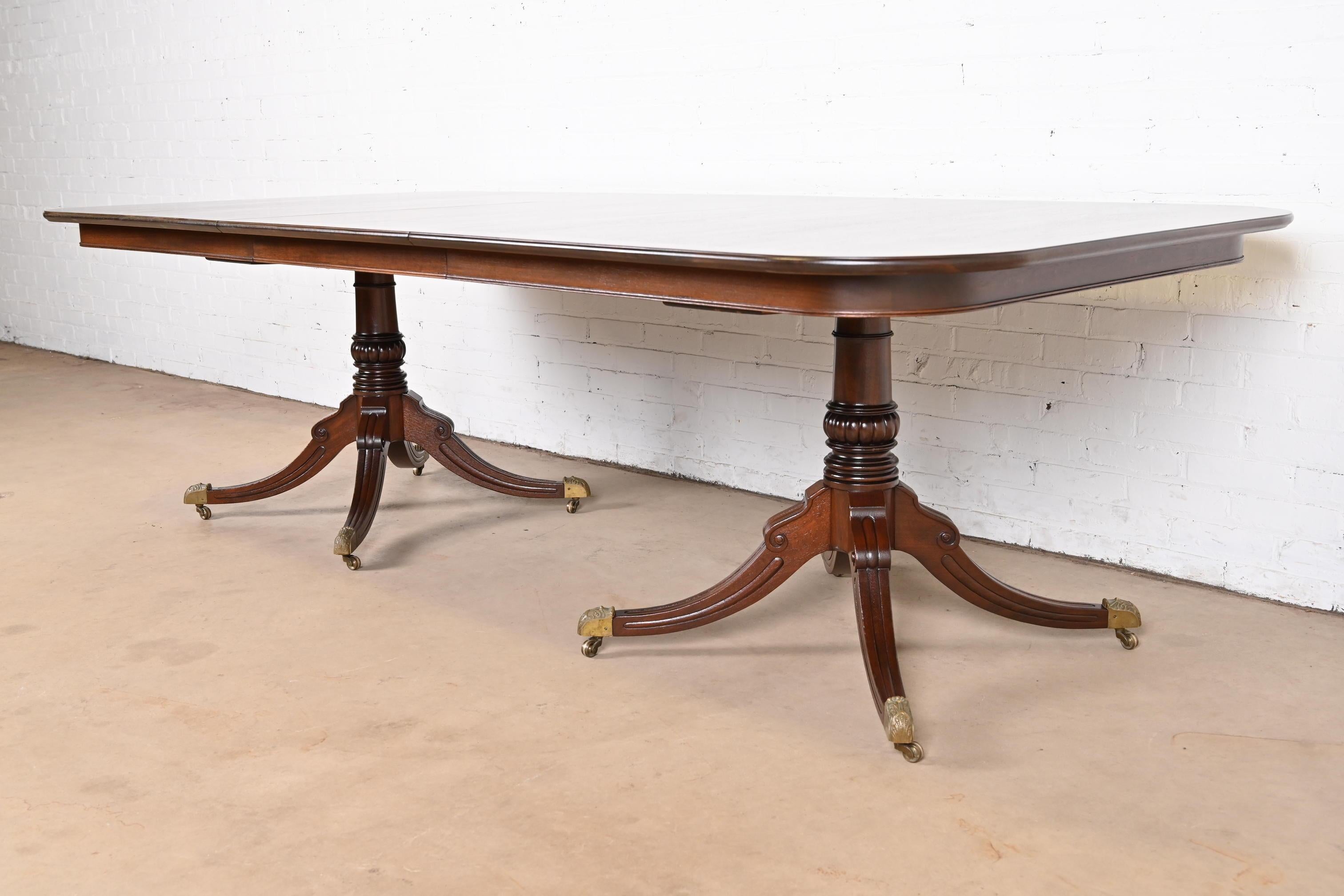 20th Century Georgian Banded Mahogany Double Pedestal Dining Table, Newly Refinished For Sale