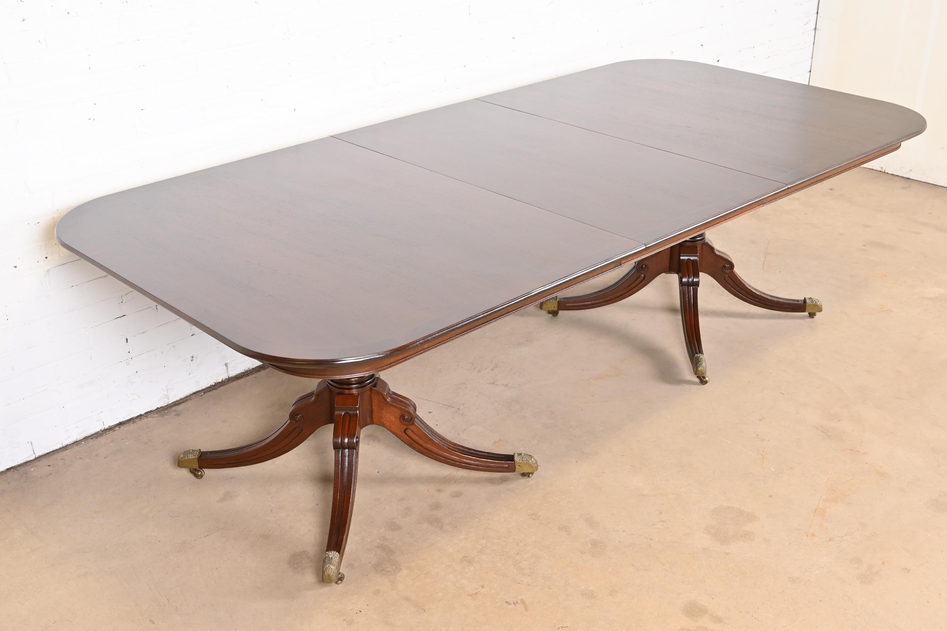 Brass Georgian Banded Mahogany Double Pedestal Dining Table, Newly Refinished