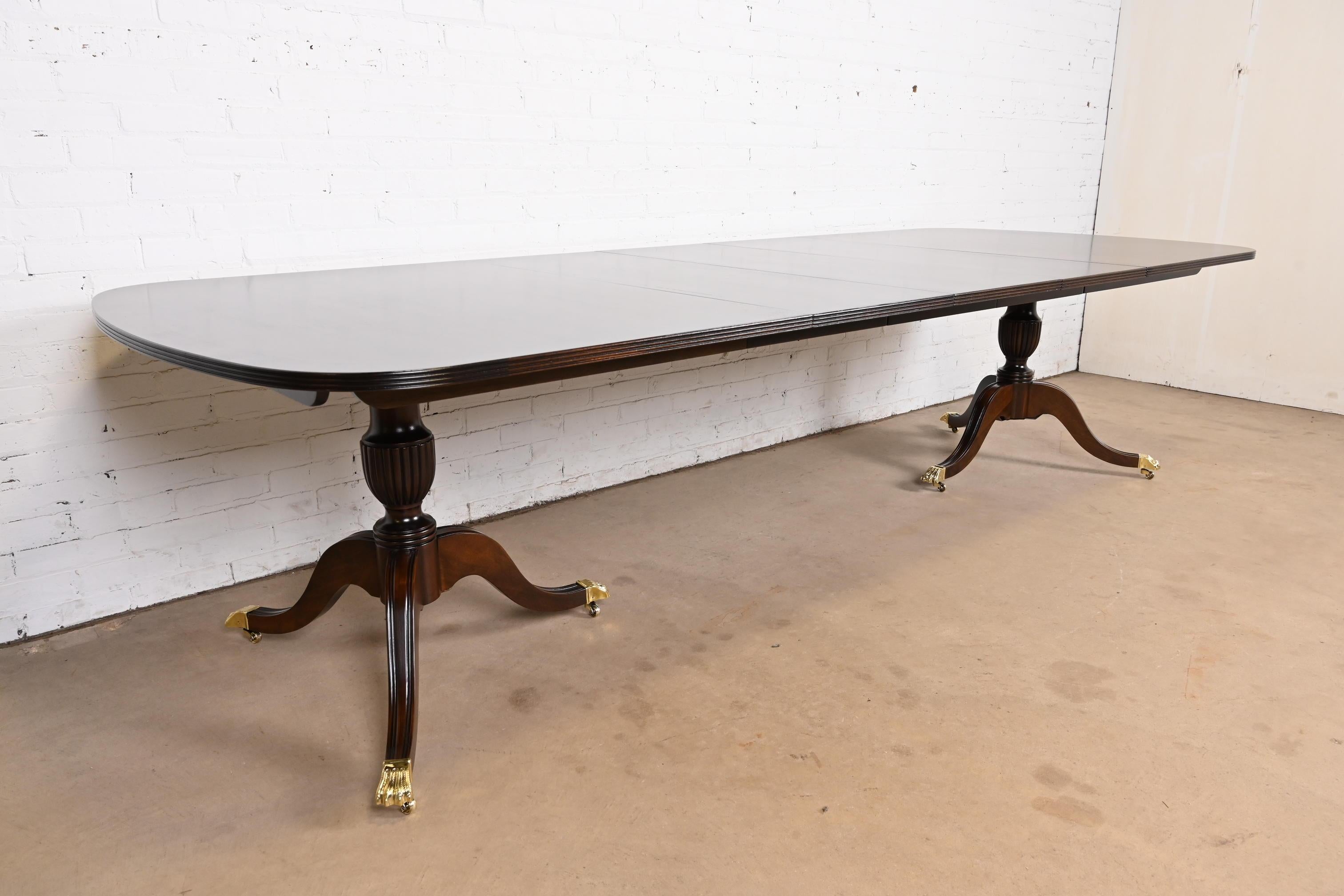 American Georgian Banded Mahogany Double Pedestal Extension Dining Table, Refinished