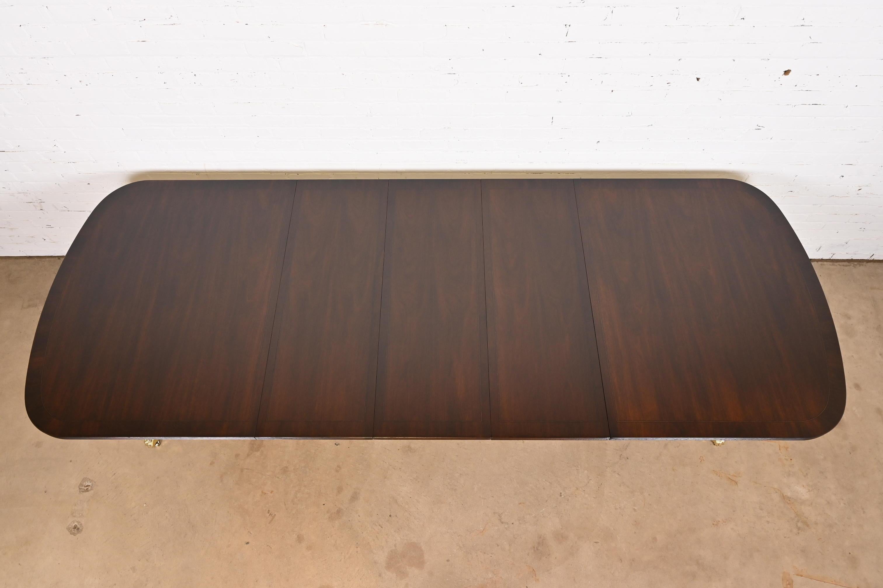 Brass Georgian Banded Mahogany Double Pedestal Extension Dining Table, Refinished