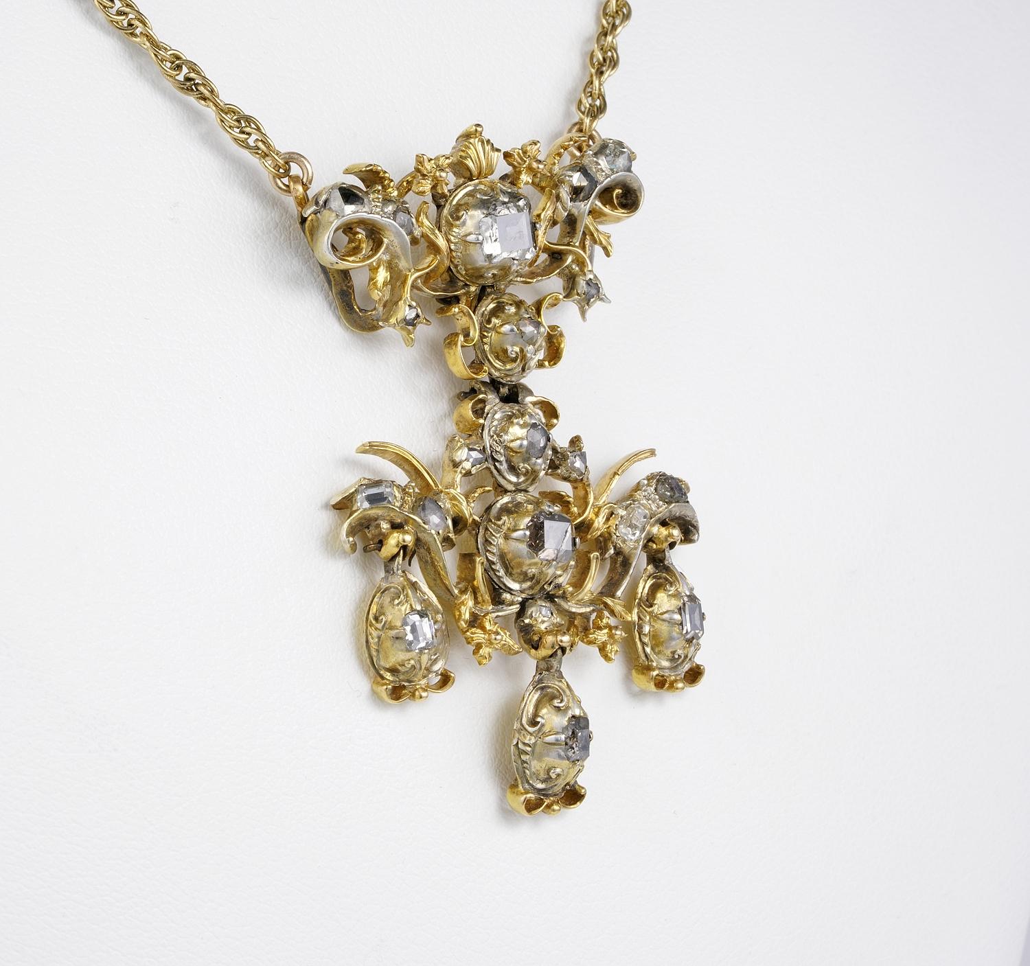 Old Mine Cut Georgian Baroque Table Cut Diamond Pendant Necklace For Sale