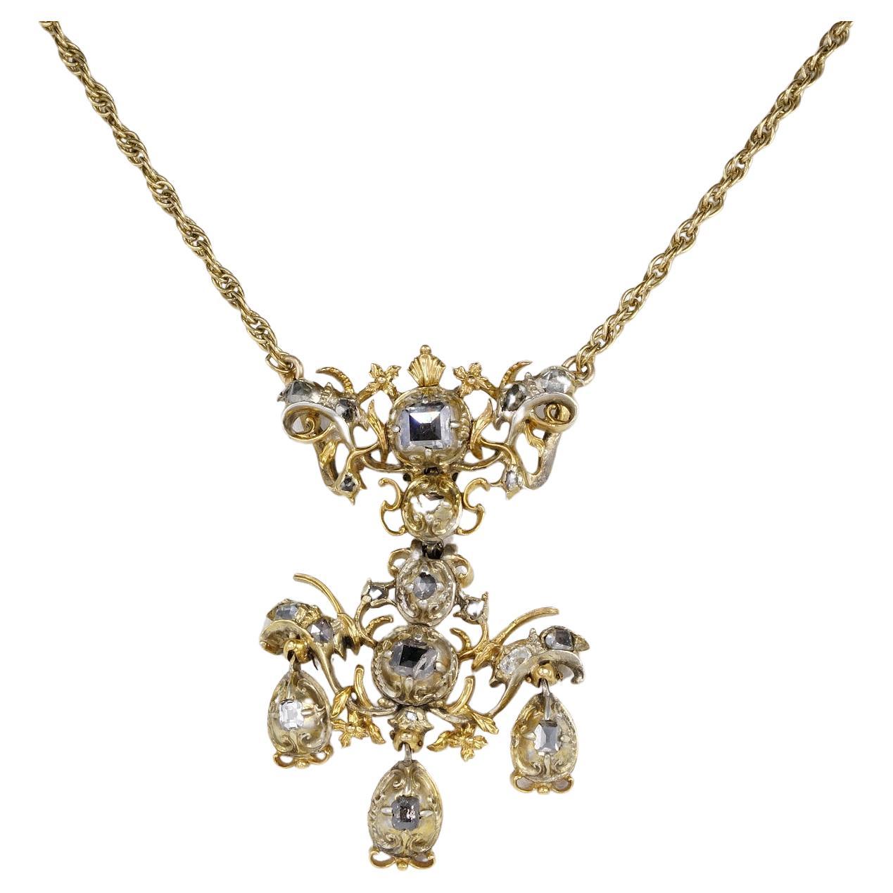 Georgian Baroque Table Cut Diamond Pendant Necklace For Sale