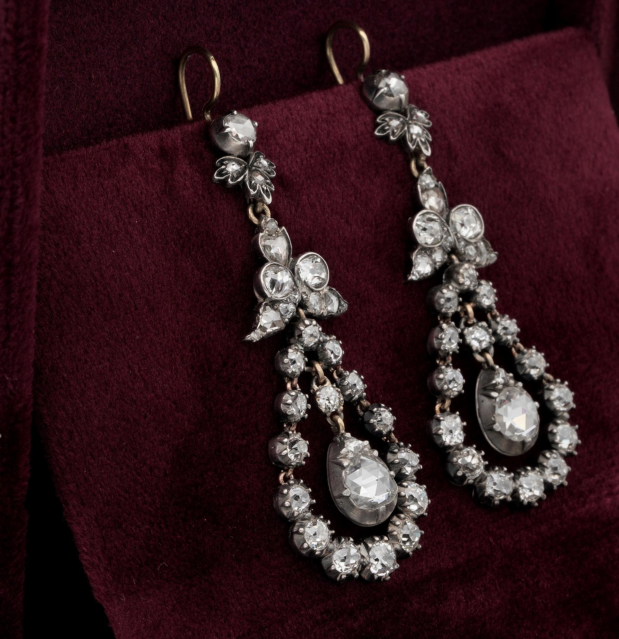 Georgian Beautiful 5.50 Carat Diamond Drop Earrings In Good Condition For Sale In Napoli, IT