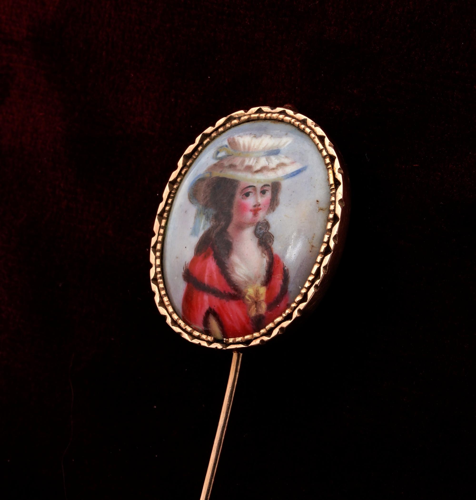 Women's or Men's Georgian Beautiful Lady Portrait Enamel Miniature Large Stick Pin For Sale