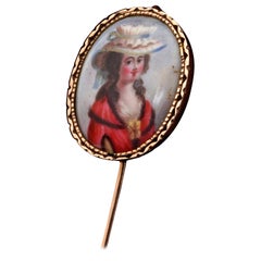 Georgian Beautiful Lady Portrait Enamel Miniature Large Stick Pin