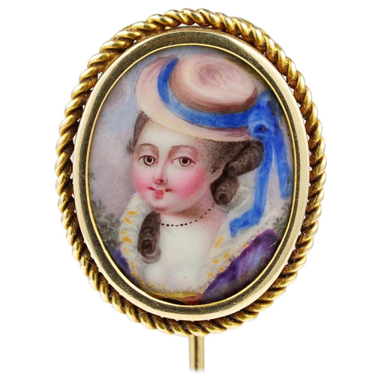 Georgian Beautiful Lady Portrait Miniature 16 Karat Rare Stick Pin For Sale