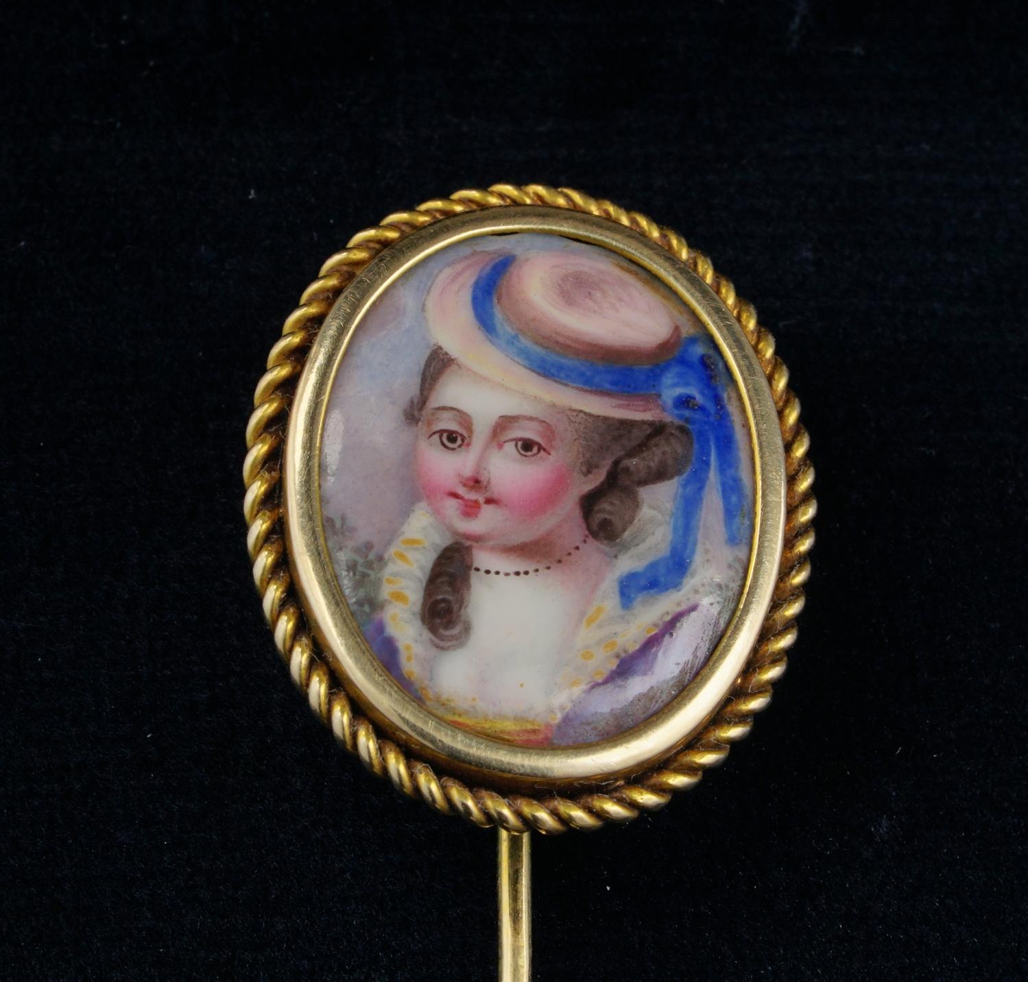 Sign of Elegance

Very fine quality portrait miniature from the Georgian period (1800 ca) mounted on solid 16 KT gold
Oval shaped with charming rope frame encircling a beautiful smiling lady in elegant clothes and hat, very high quality Swiss