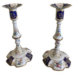 Georgian Bilston Enamel Candlesticks, Blue Reserves & Polychrome Florals, c1780