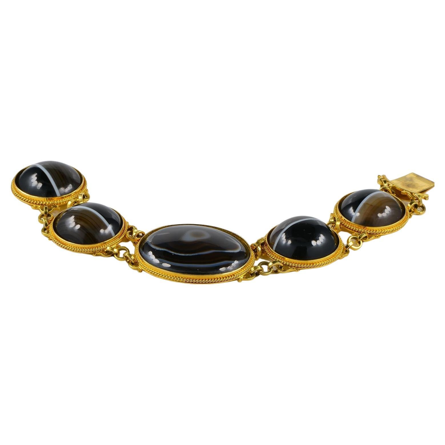Georgian Black Banded Agate 18 Kt Bracelet For Sale