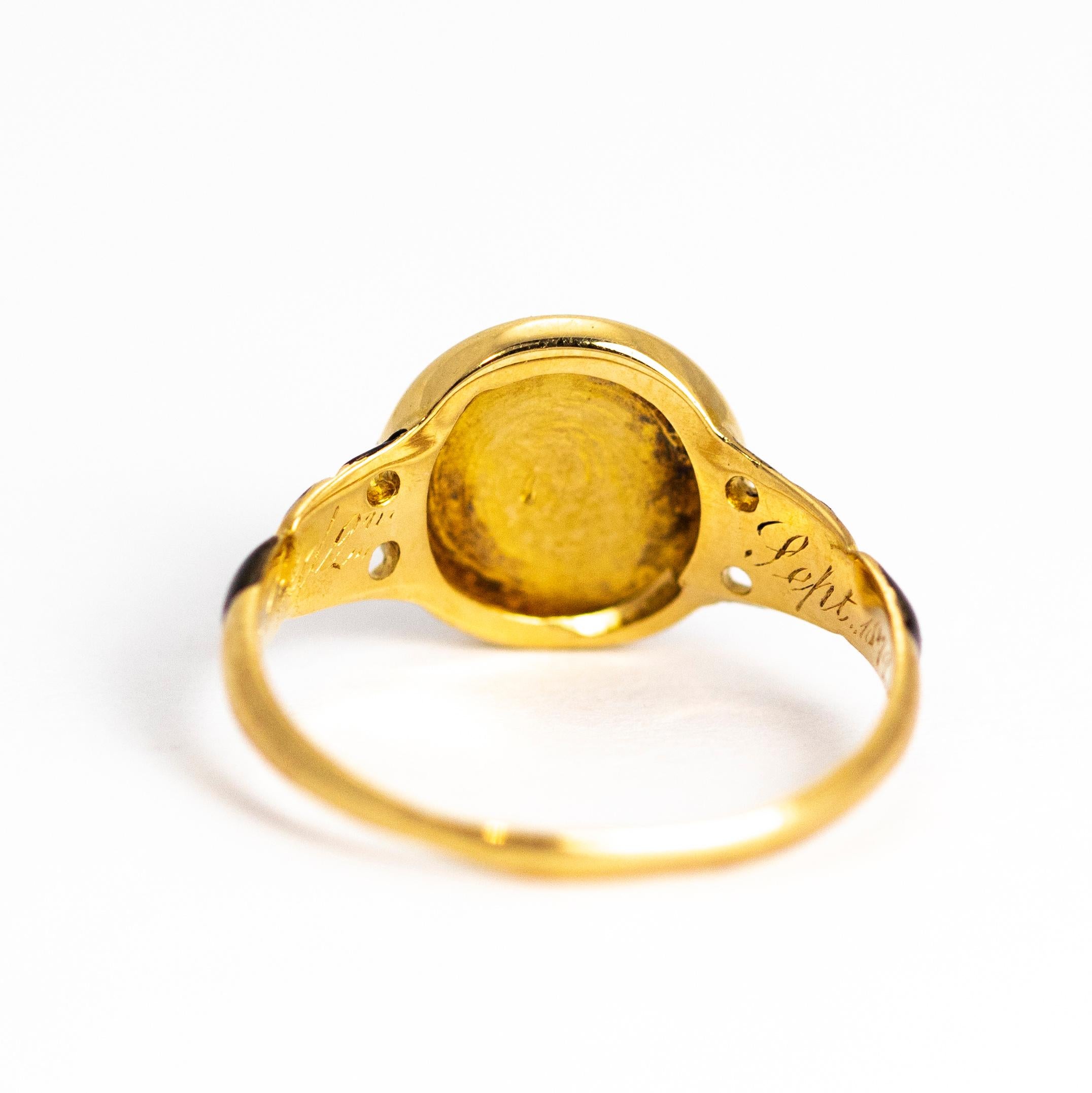Women's or Men's Victorian Black Enamel and Pearl 18 Carat Gold Locket Back Mourning Ring