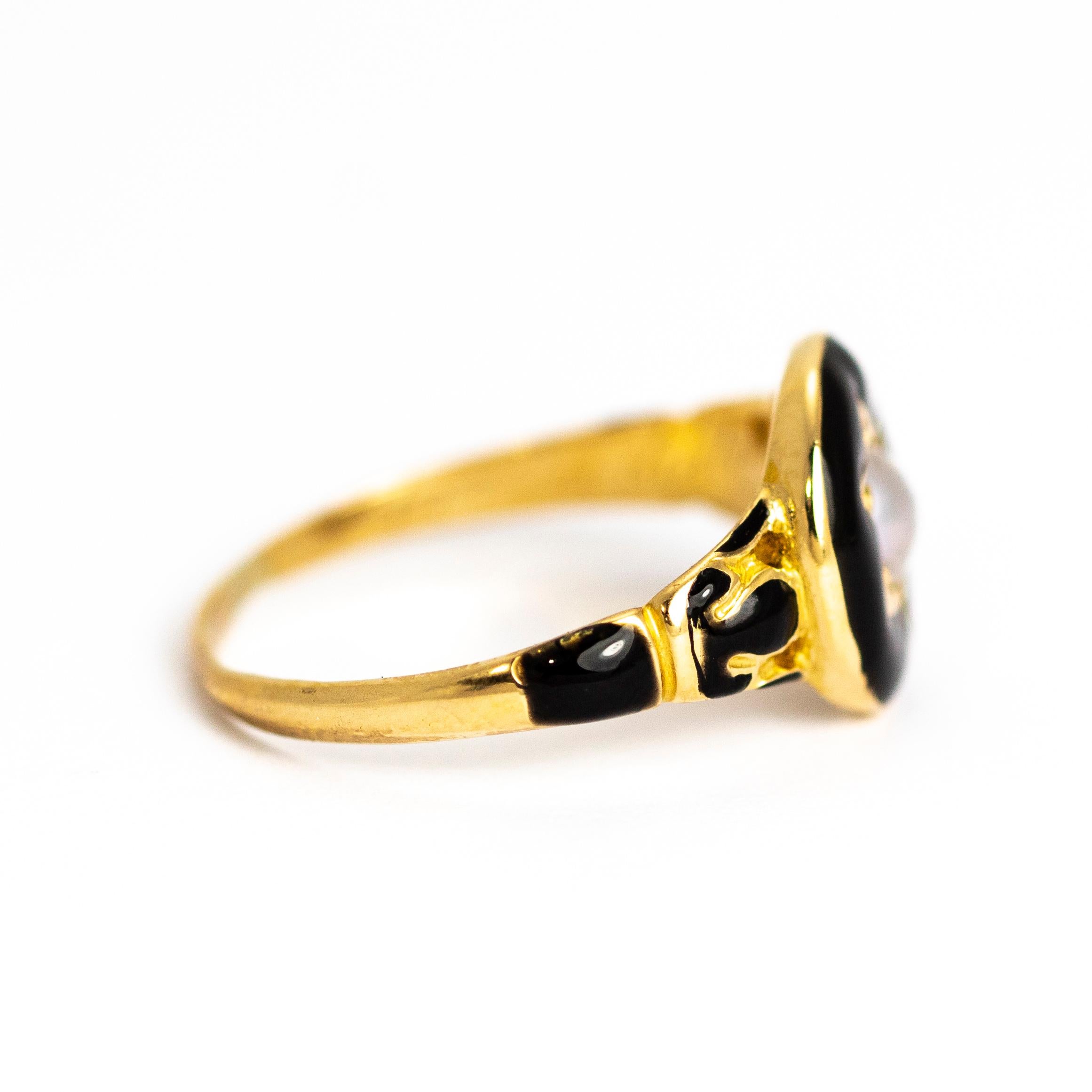 Victorian Black Enamel and Pearl 18 Carat Gold Locket Back Mourning Ring 1