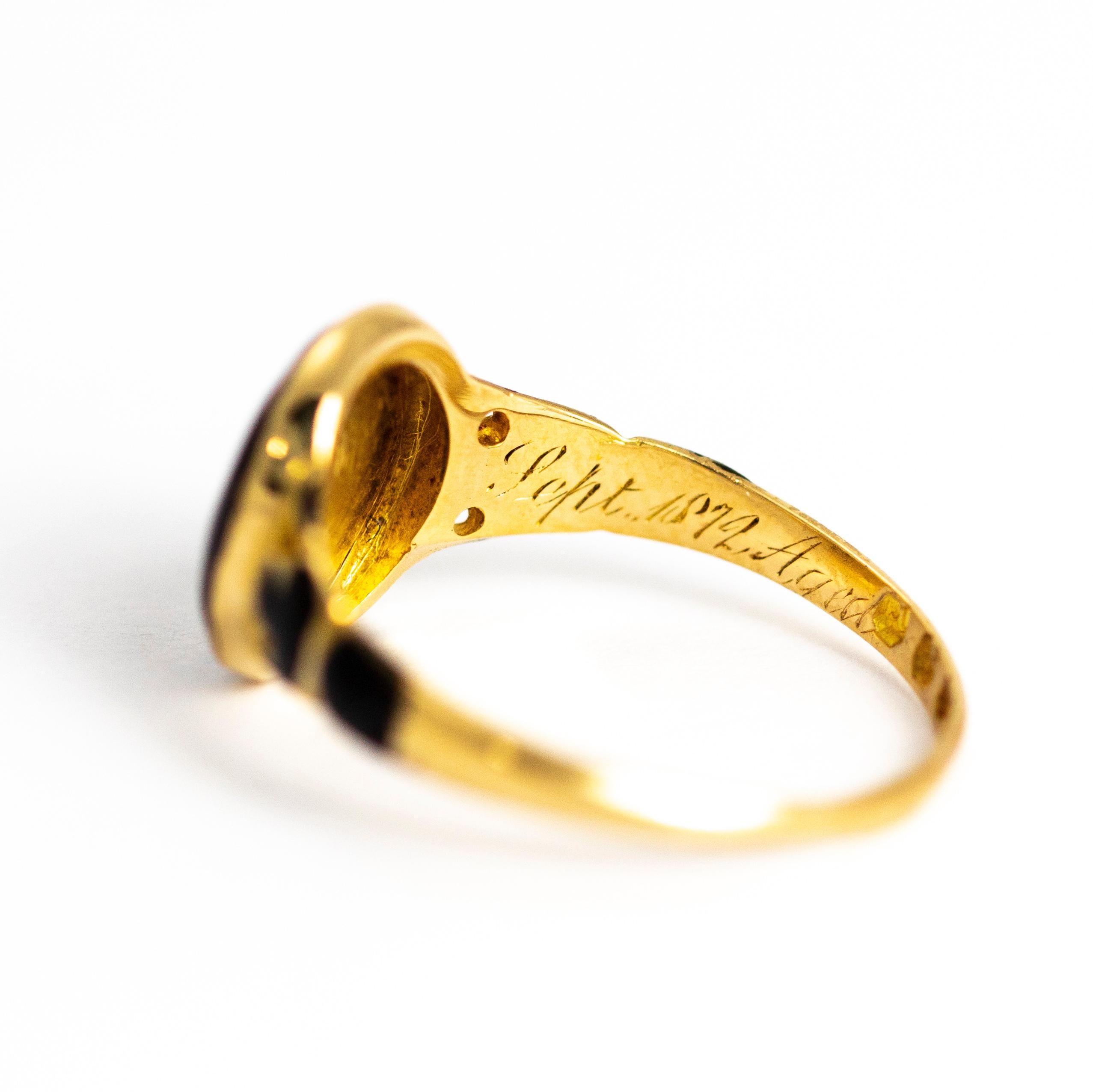 Victorian Black Enamel and Pearl 18 Carat Gold Locket Back Mourning Ring 3