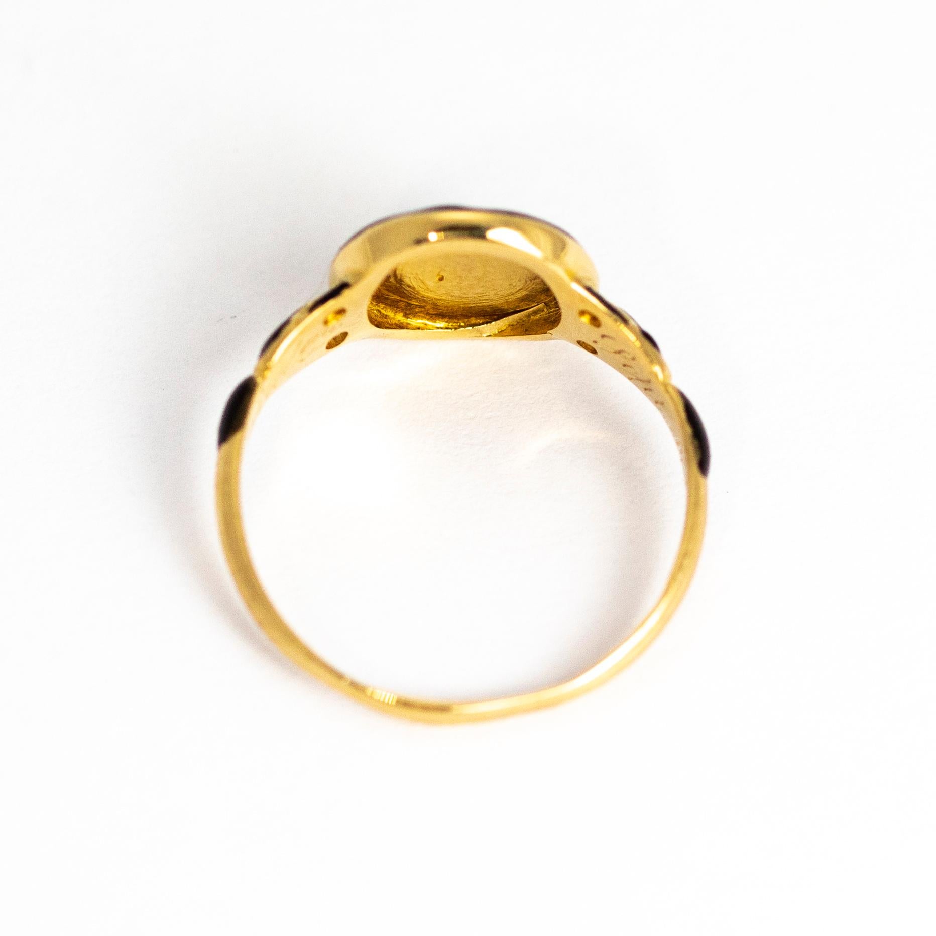 Victorian Black Enamel and Pearl 18 Carat Gold Locket Back Mourning Ring 4