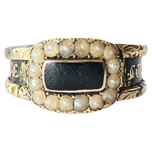 Georgian Black Enamel and Pearl 18 Carat Gold Mourning Ring For Sale