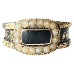 Georgian Black Enamel and Pearl 18 Carat Gold Mourning Ring