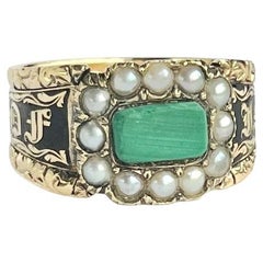 Bague de deuil géorgienne en or 18 carats, émail noir et perles