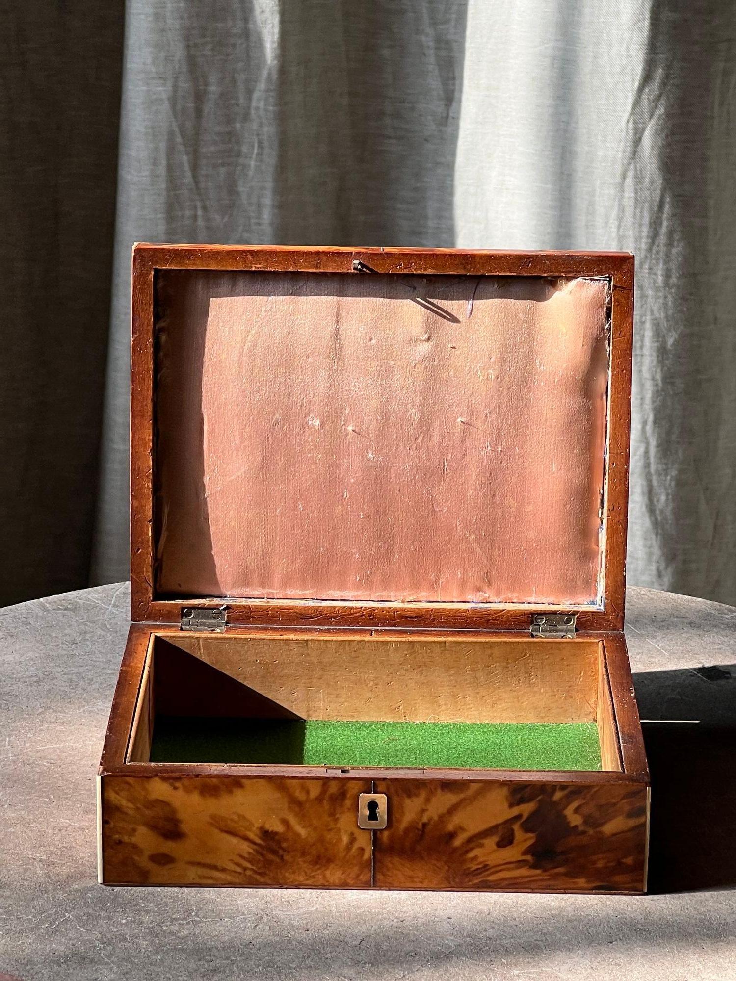 A blonde tortoiseshell box with gold mounts.
The ivory stringing to the edges has in some places been replaced with boxwood.
English C.1800

H 7cm
W 21.5cm
D 16.5cm