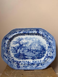 Georgian blue and white transferware large platter, "Rural Scenery" pattern 1820