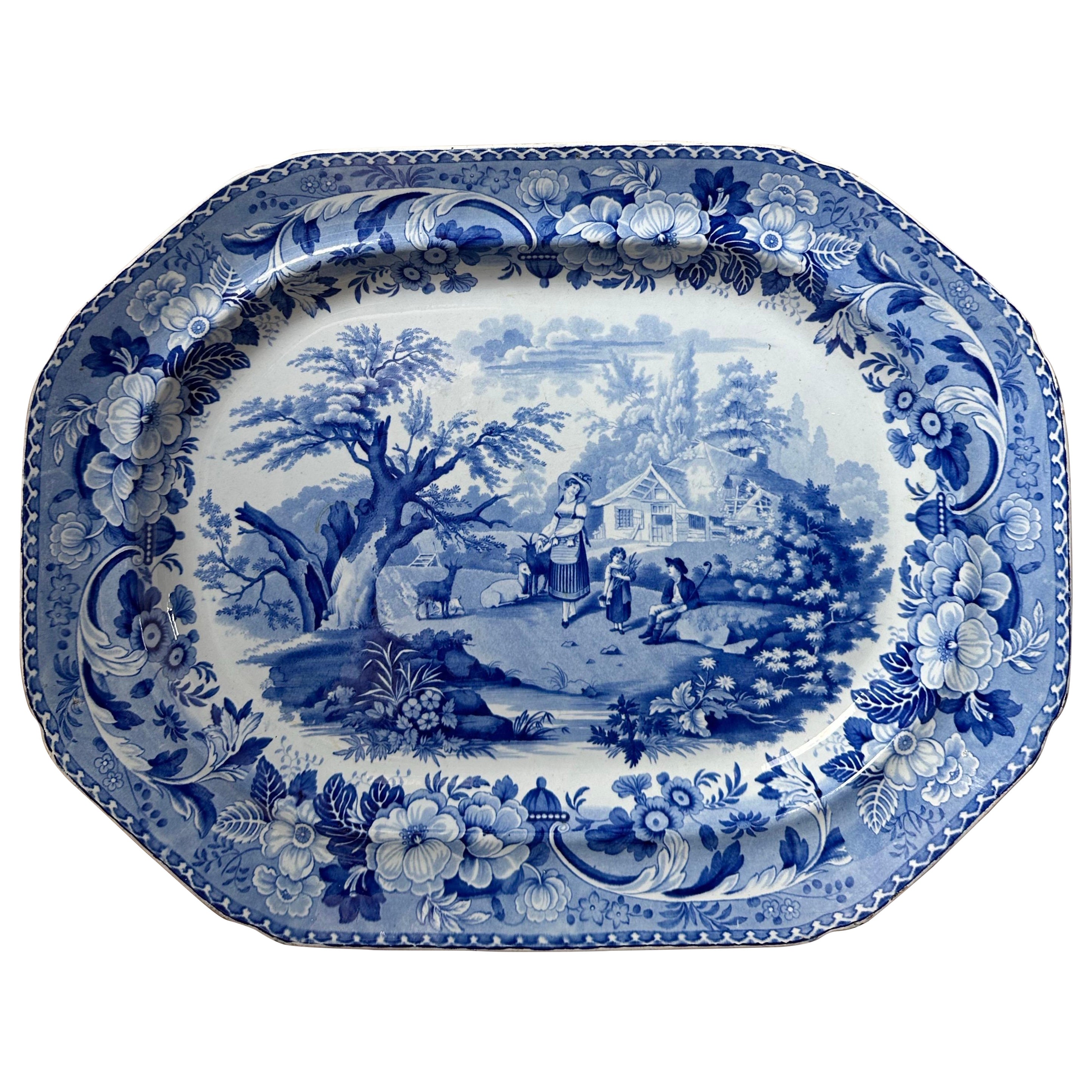 Georgian blue and white transferware large platter, "Rural Scenery" pattern 1820 For Sale