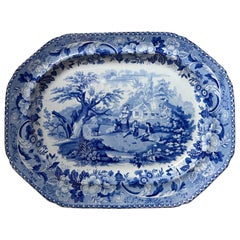 Georgian blue and white transferware large platter, "Rural Scenery" pattern 1820