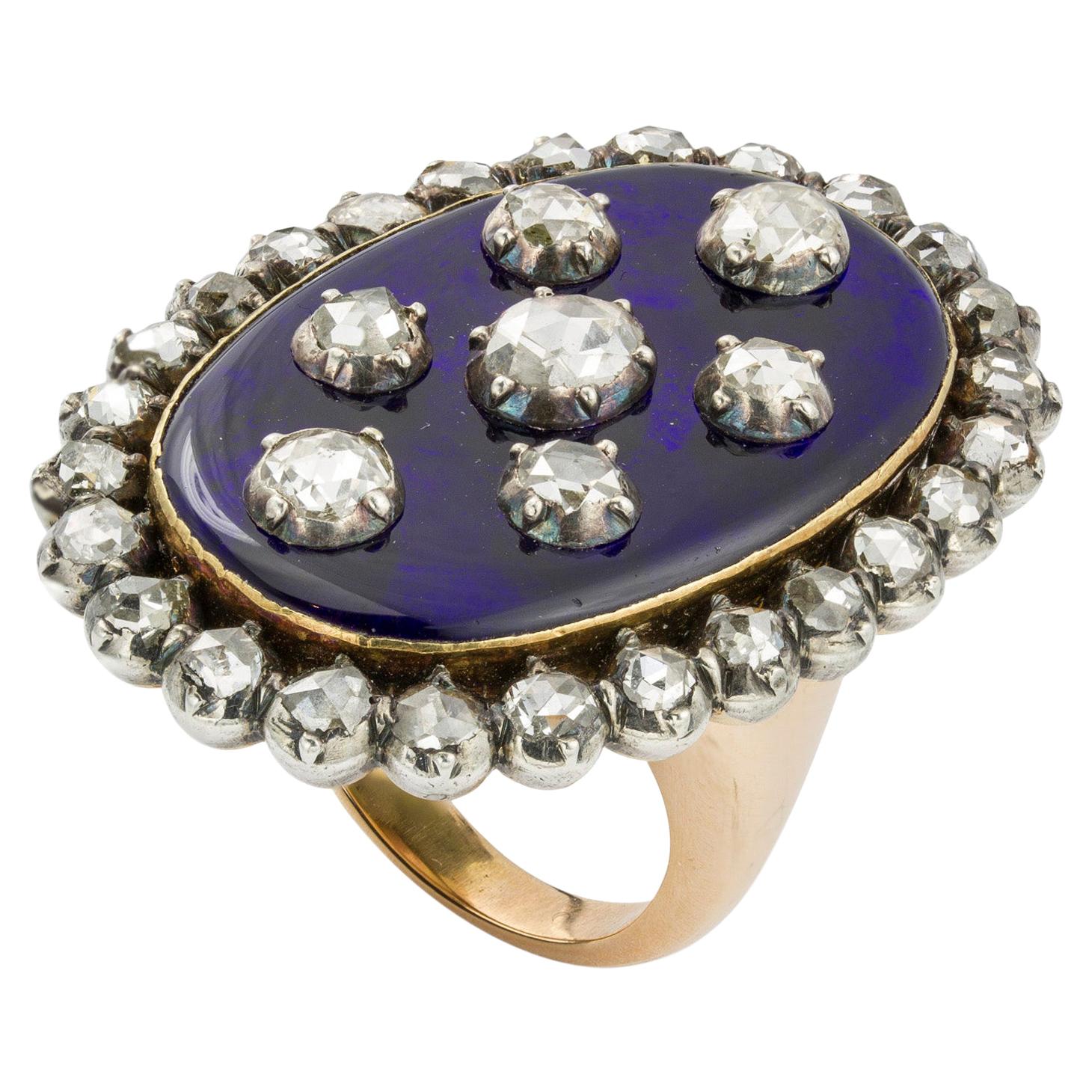 Georgian Blue Enamel and Diamond Ring For Sale