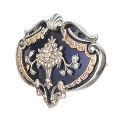 Georgian Blue Enamel Diamond Silver Yellow Gold Brooch