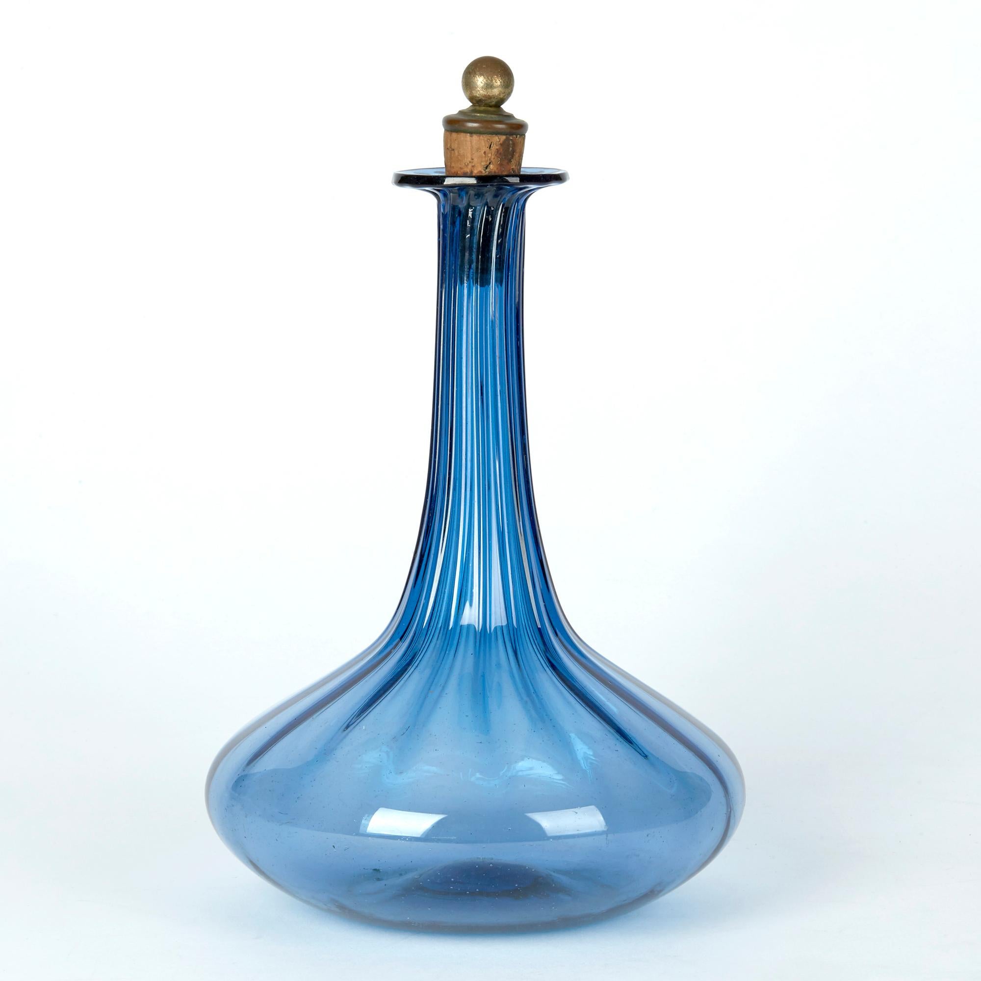 Hand-Crafted Georgian Blue Glass Ribbed Design Decanter, circa 1820