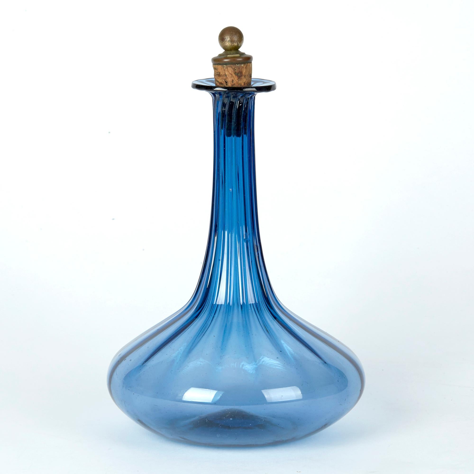 19th Century Georgian Blue Glass Ribbed Design Decanter, circa 1820