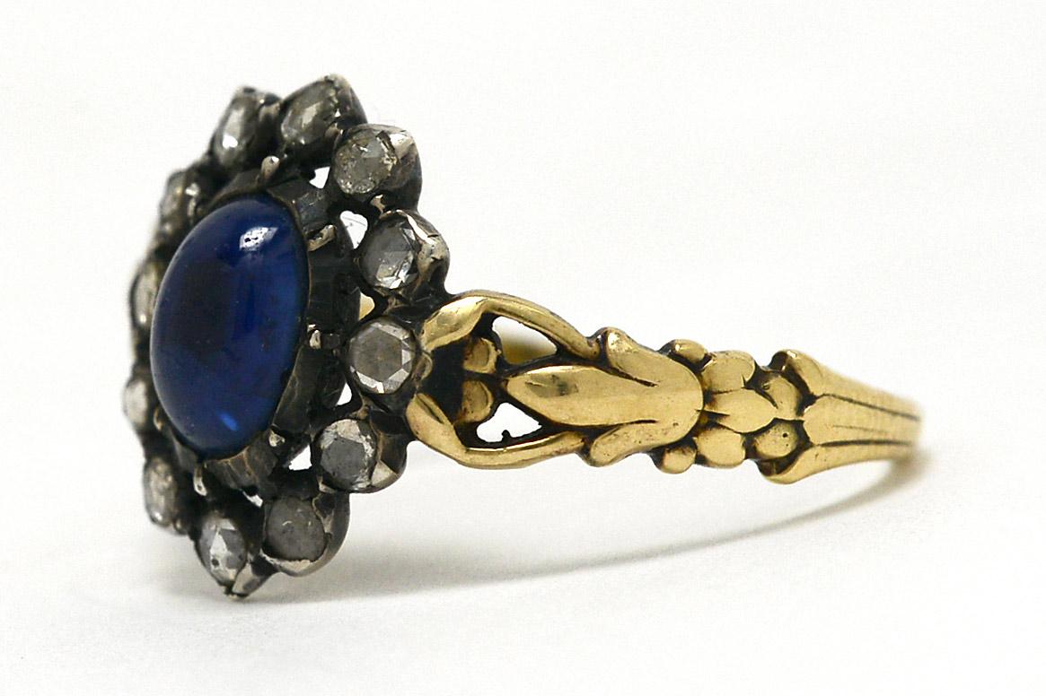 Oval Cut Georgian Blue Sapphire Rose Cut Diamond Halo Gold Silver Antique Engagement Ring