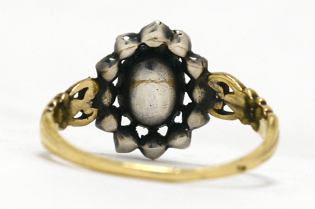 Georgian Blue Sapphire Rose Cut Diamond Halo Gold Silver Antique Engagement Ring In Good Condition In Santa Barbara, CA
