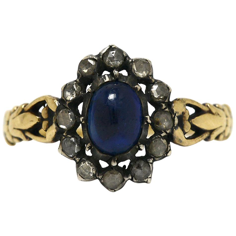 Georgian Blue Sapphire Rose Cut Diamond Halo Gold Silver Antique Engagement Ring