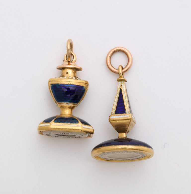Amazing to find these French fobs made in 18 Kt gold and painted with blue, white and gold enamel. I try to imagine the original owner. Had to be an aristocrat as no other could afford gold jewelry at this time. The stone at the base of the fobs is