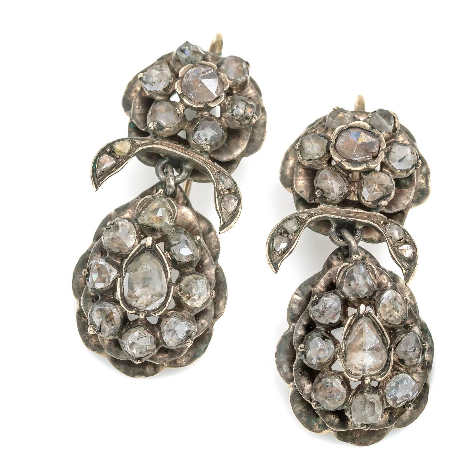 Women's Georgian Boho Old Rose Cut Diamond and Silver Floral Drop Earrings For Sale