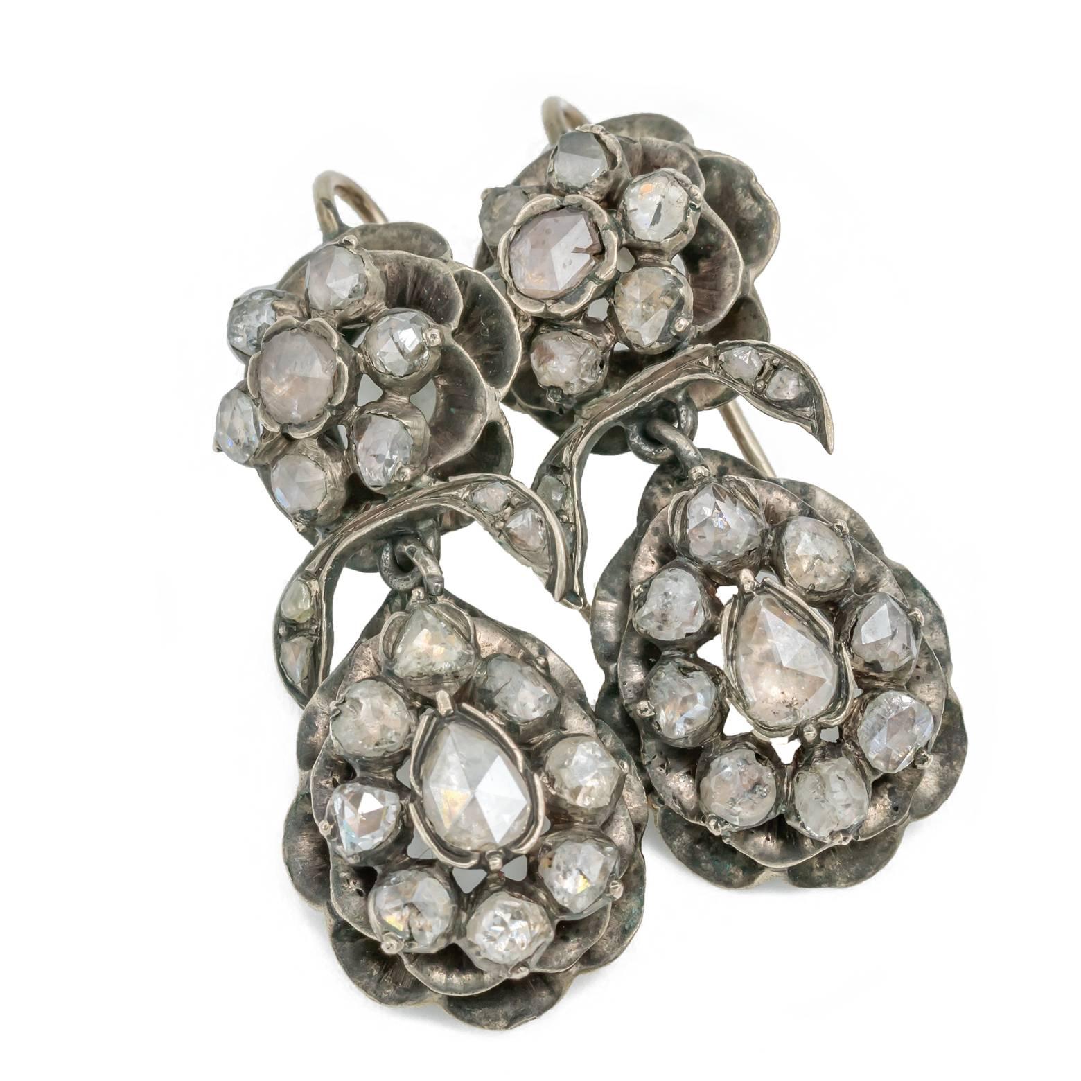 Georgian Boho Old Rose Cut Diamond and Silver Floral Drop Earrings For Sale 2