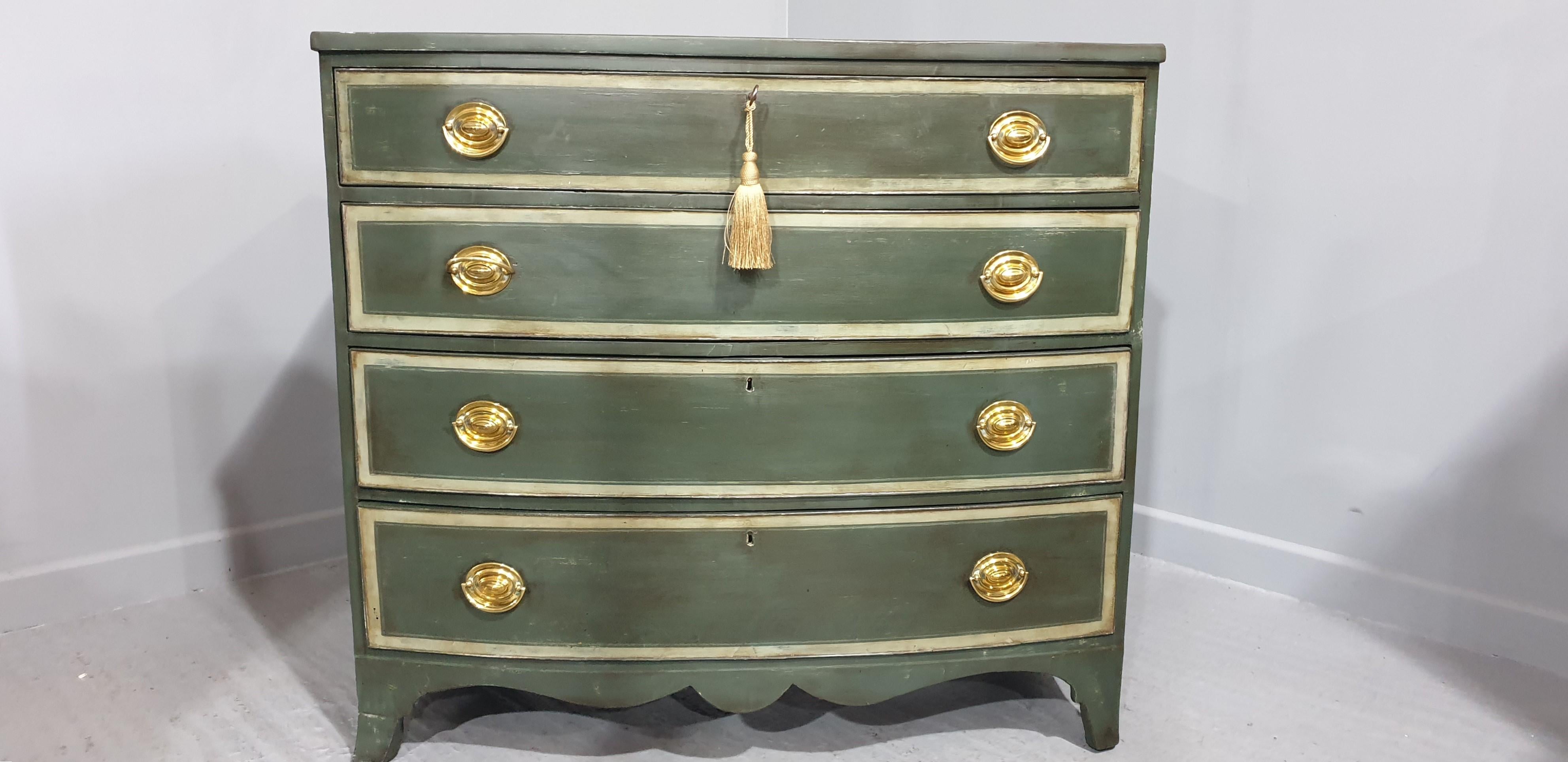 Very good green painted Georgian bow fronted four drawer chest, oval plate handles, crossbanded and tram lined, standing on bracket feet, in overall very good condition.

37