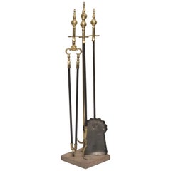 Georgian Brass and Steel Fireplace Tools with Marble Stand, Early 19th Century