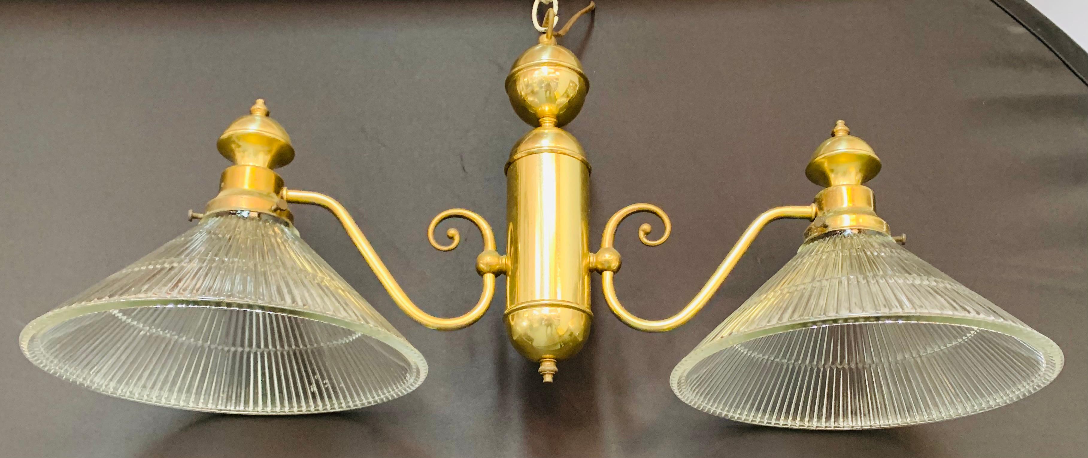 American Georgian Brass Two Flared Glass Shades Pendant or Chandelier For Sale