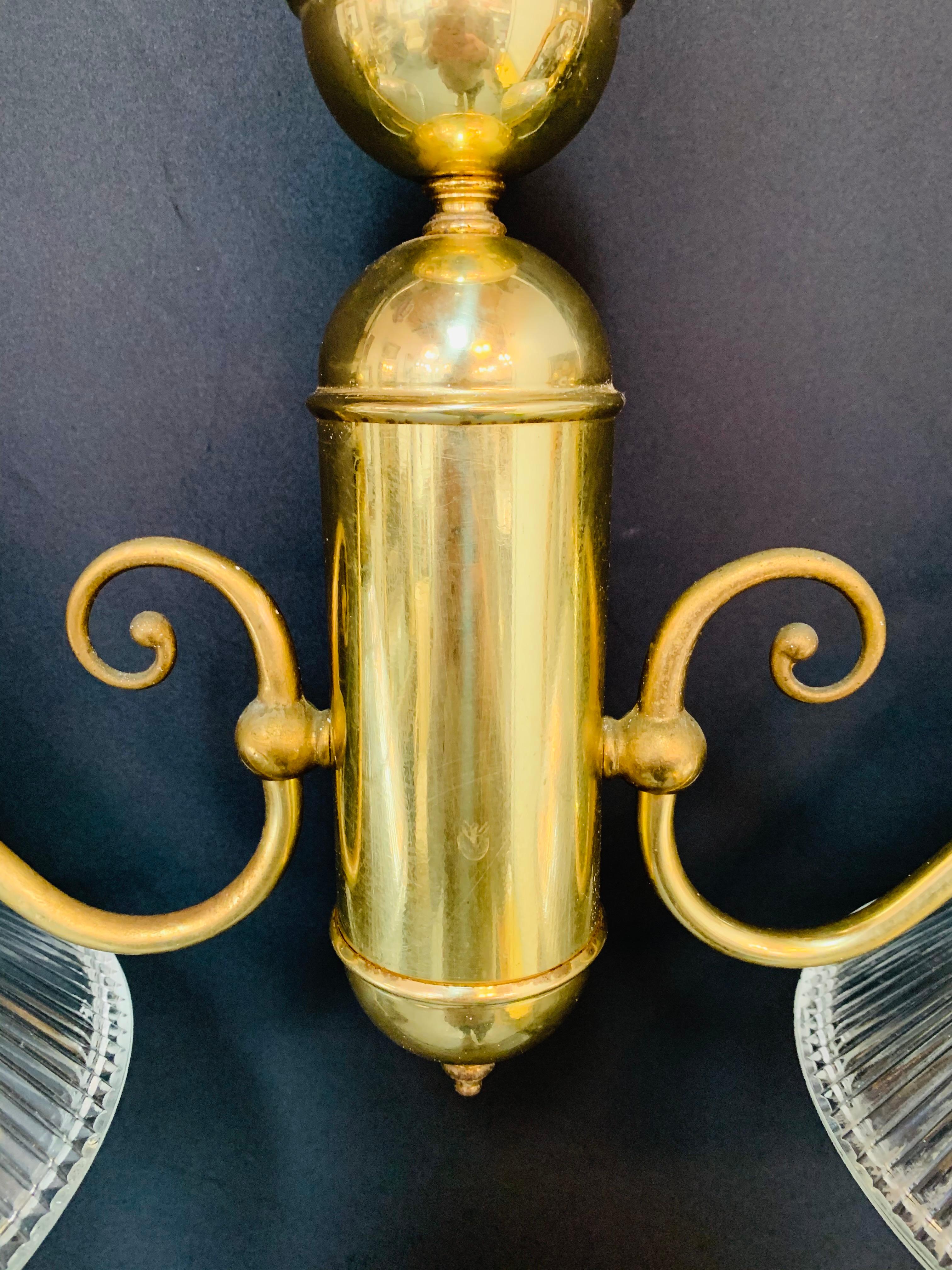 Late 20th Century Georgian Brass Two Flared Glass Shades Pendant or Chandelier For Sale
