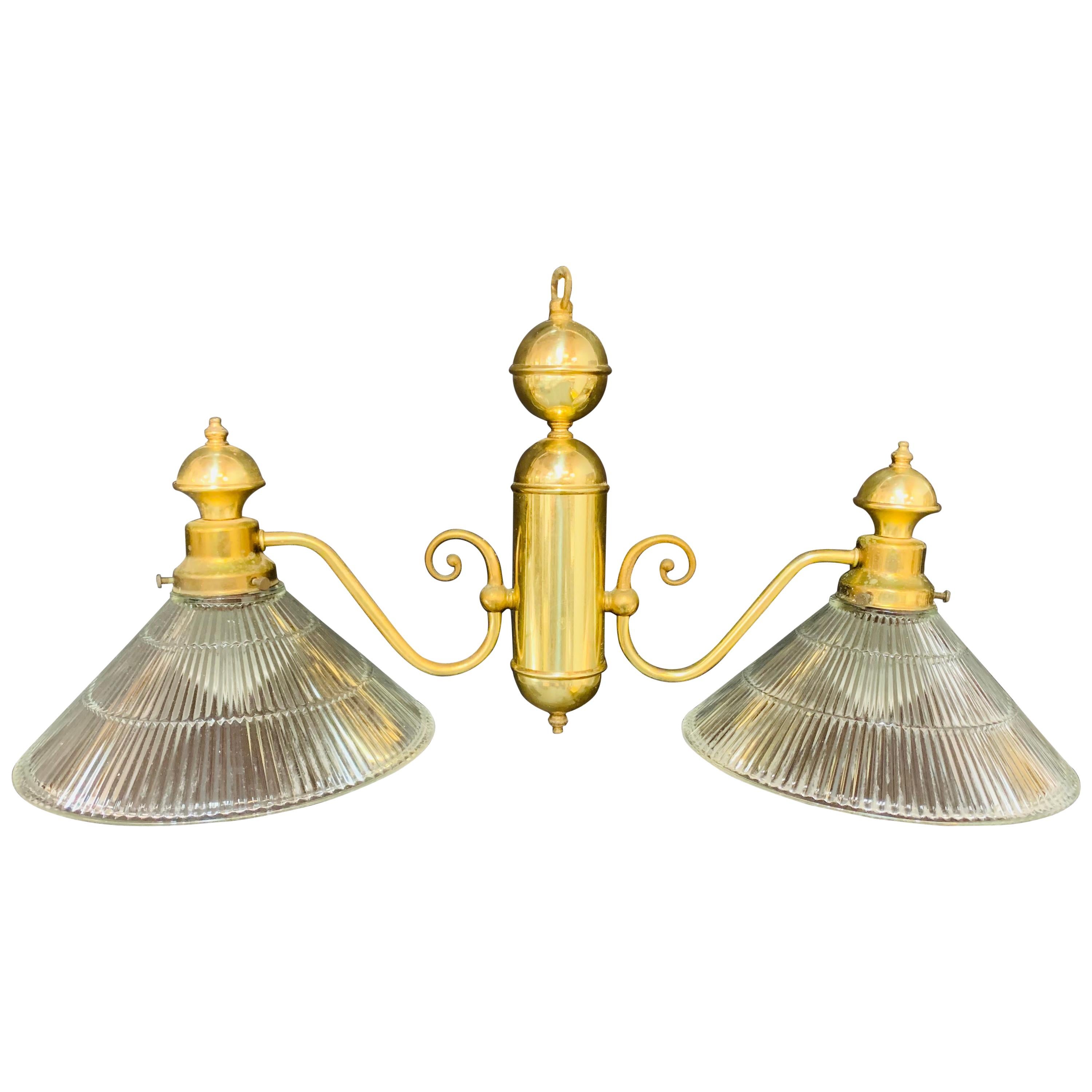 Georgian Brass Two Flared Glass Shades Pendant or Chandelier For Sale