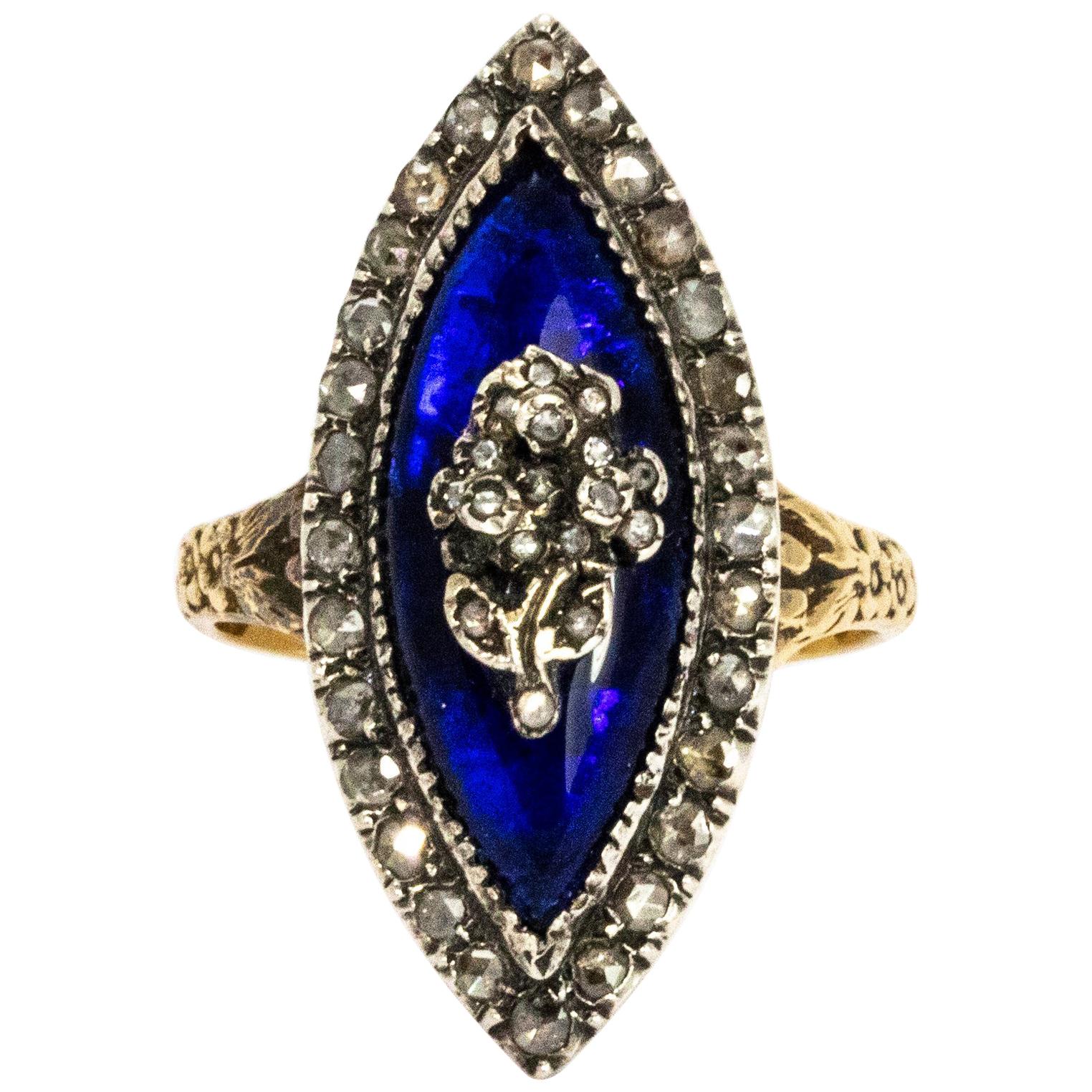 Georgian Bristol Blue Glass and Diamond 18 Carat Gold Ring