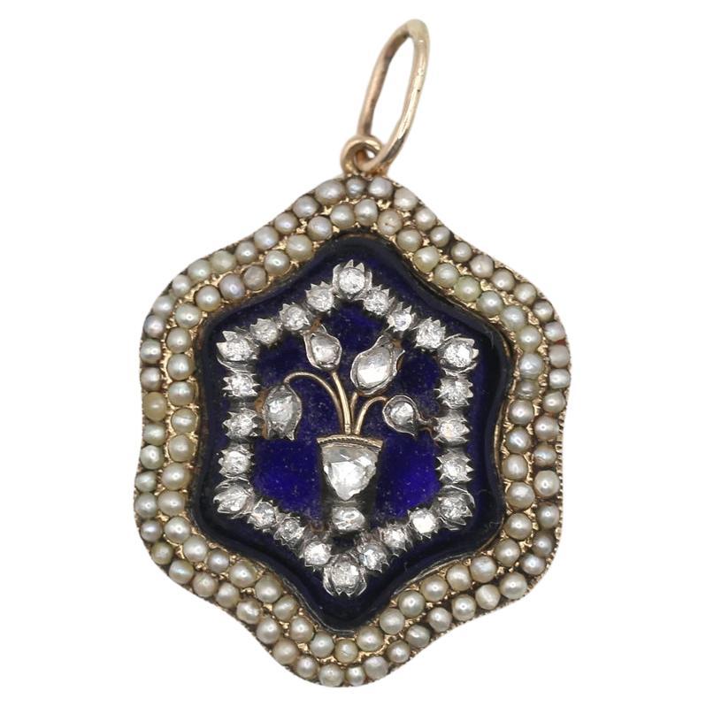 Taille vieille mine Pendentif géorgien Bristol Blue Glass Diamonds 18K, 1910 en vente