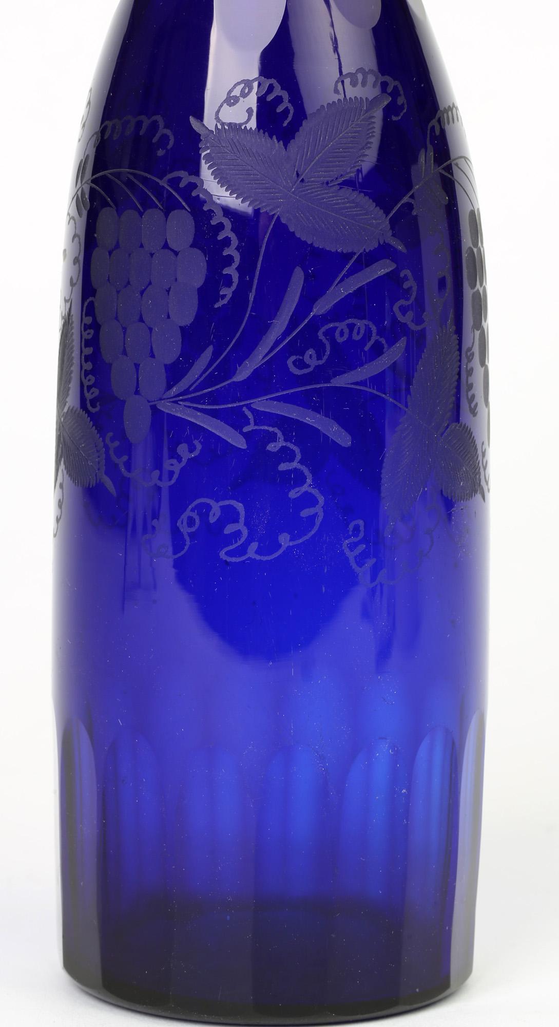 Georgian Bristol Blue Glass Engraved Vine Pattern Wine Decanter 2