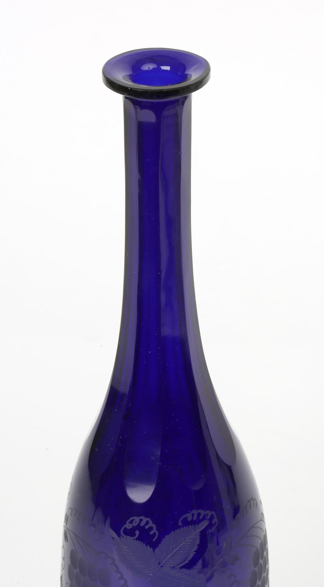 Georgian Bristol Blue Glass Engraved Vine Pattern Wine Decanter 3