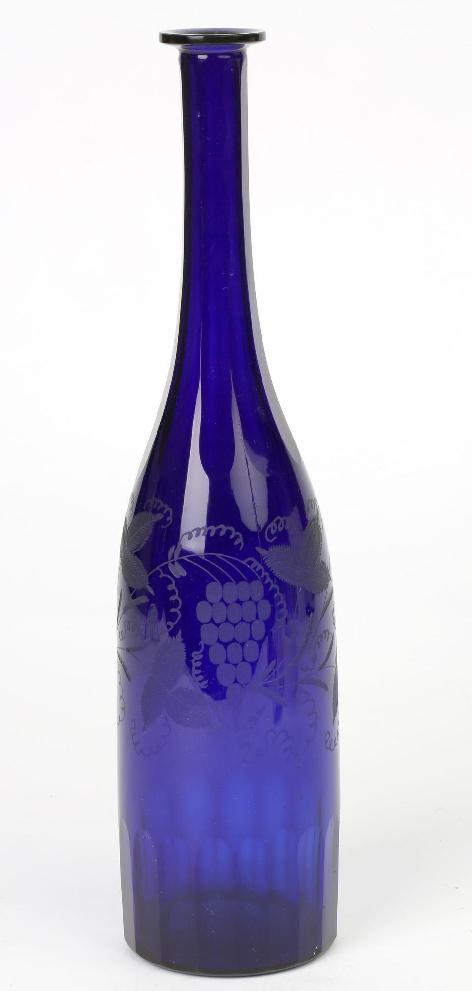 Georgian Bristol Blue Glass Engraved Vine Pattern Wine Decanter 4