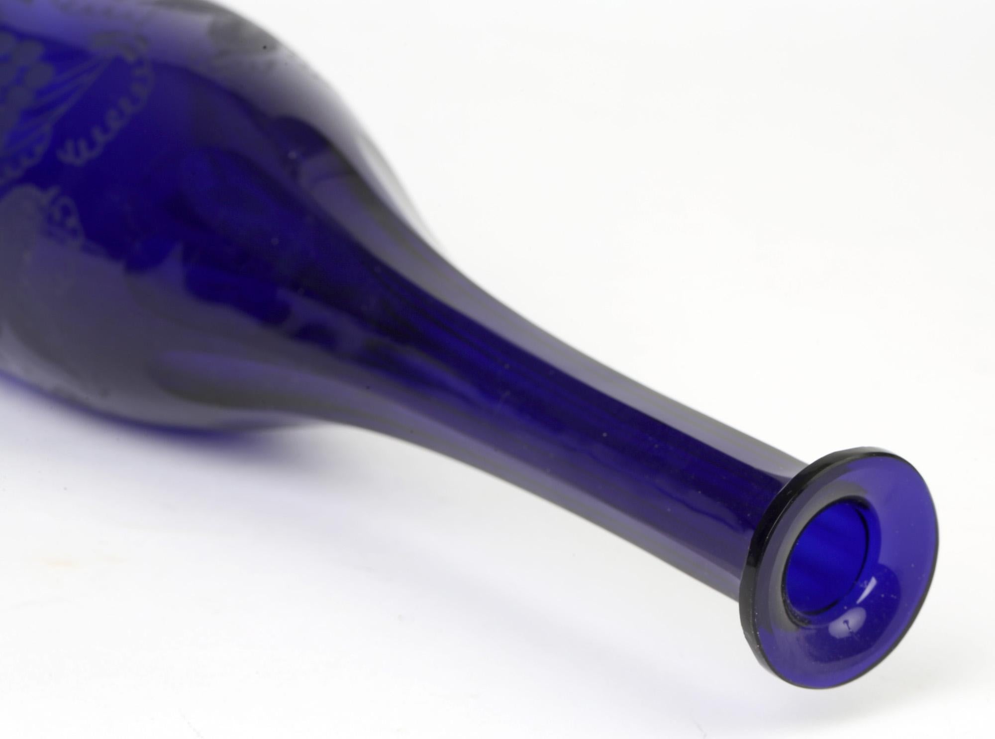 Georgian Bristol Blue Glass Engraved Vine Pattern Wine Decanter 5