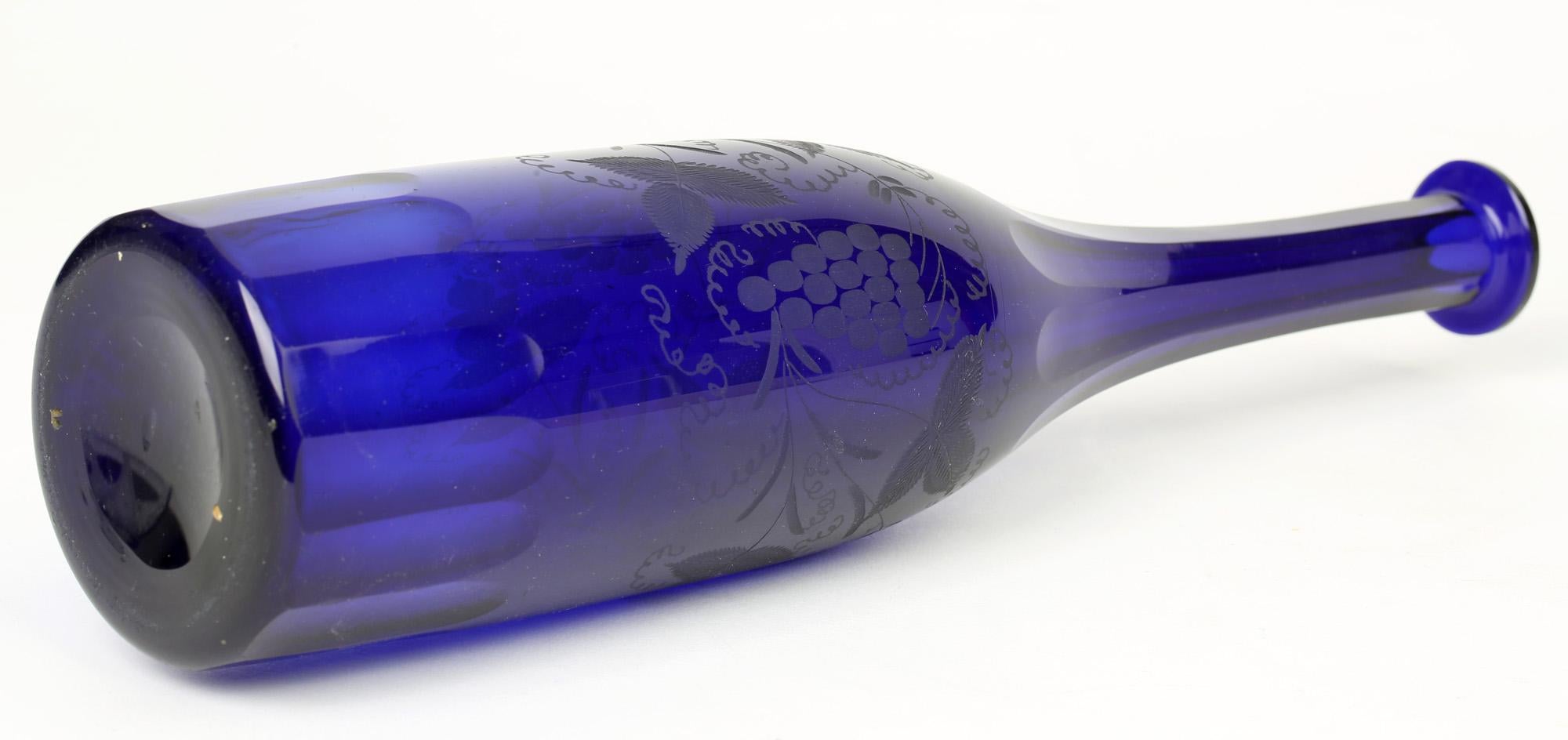 Georgian Bristol Blue Glass Engraved Vine Pattern Wine Decanter 6