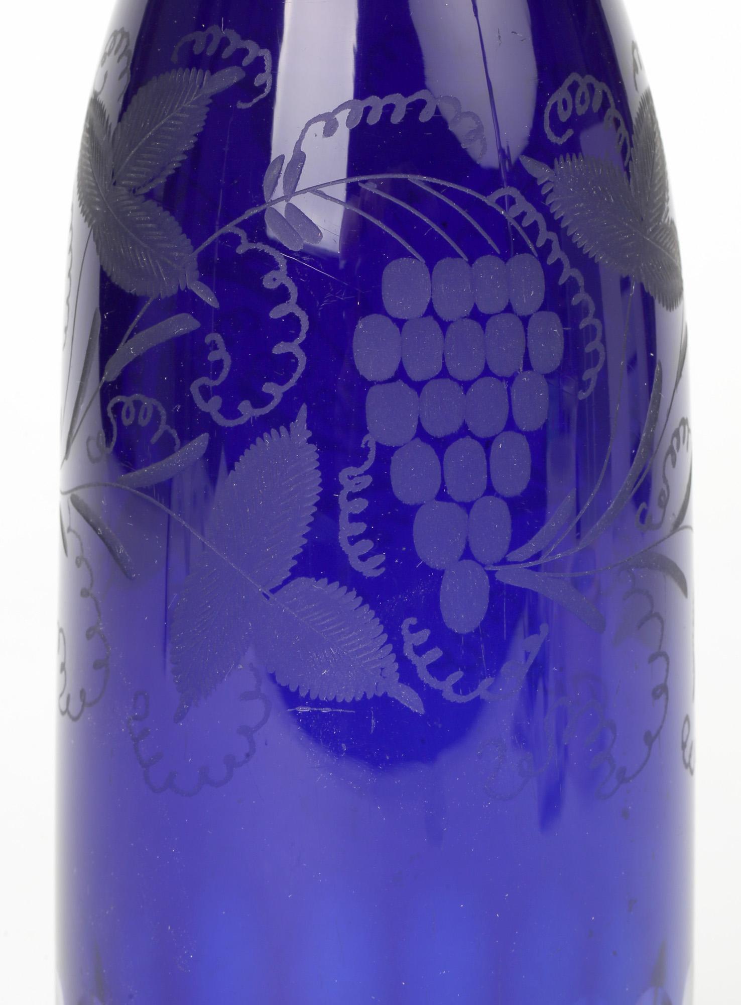 George III Georgian Bristol Blue Glass Engraved Vine Pattern Wine Decanter