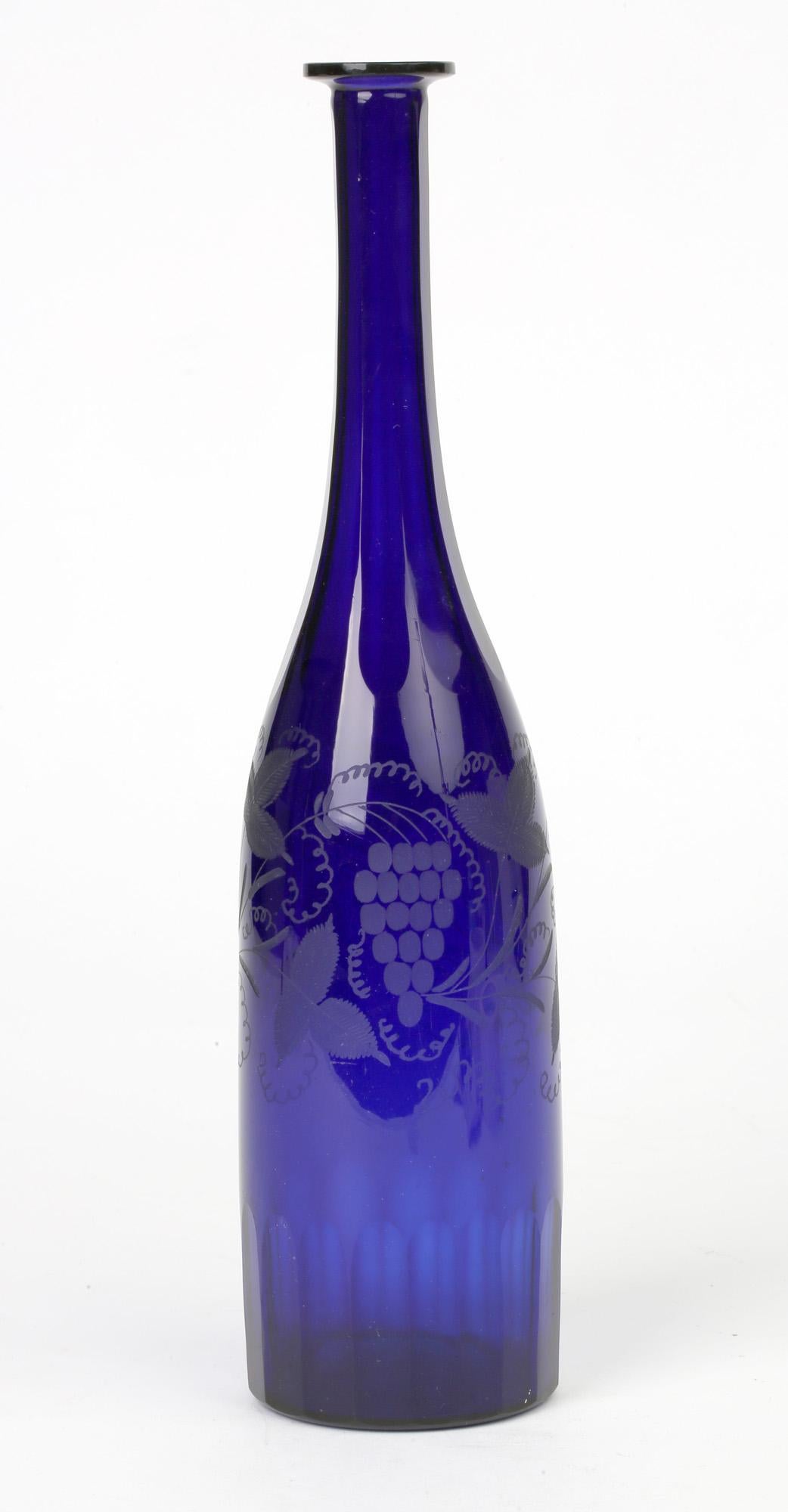 English Georgian Bristol Blue Glass Engraved Vine Pattern Wine Decanter